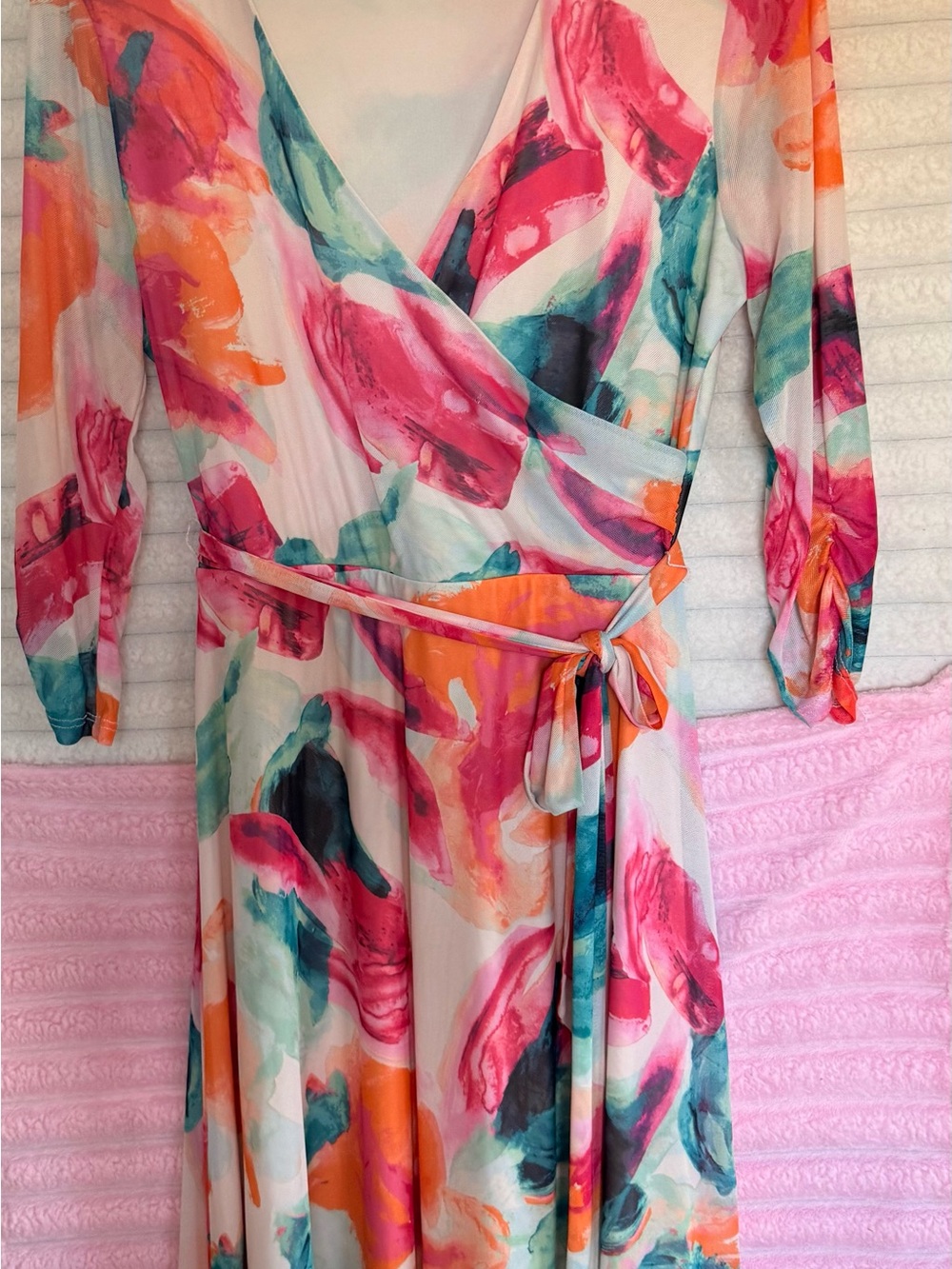 Women's Midi Wrap Dress in Pink & Teal Watercolor